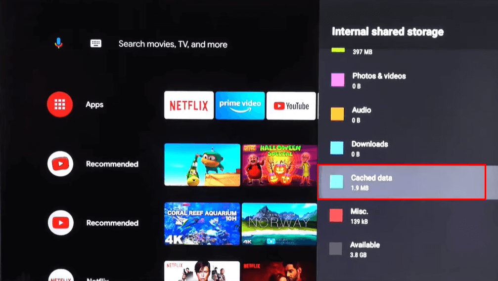 Select Cahced Data to clear cache on Android TV 