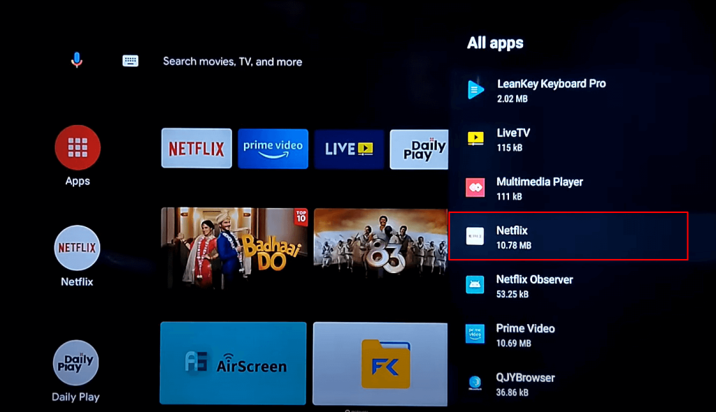 Select the app to clear cache on Android TV