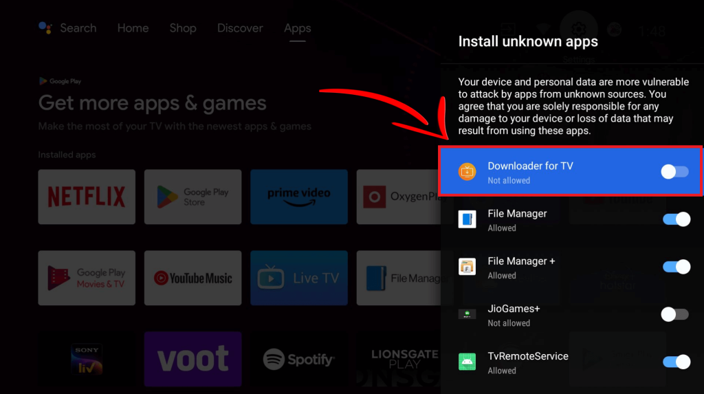 Toggle the button to sideload third party apps on Android TV